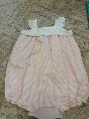 Janie and Jack Pink and White Striped Eyelet Romper